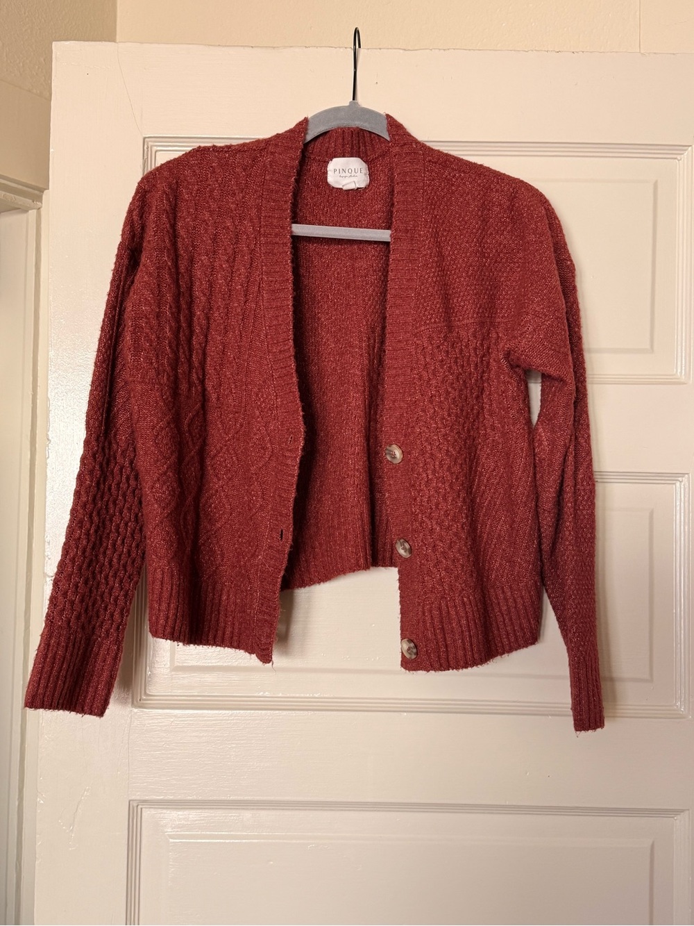 Pinque Open Front Cable Cardigan Sweater - Brick Red